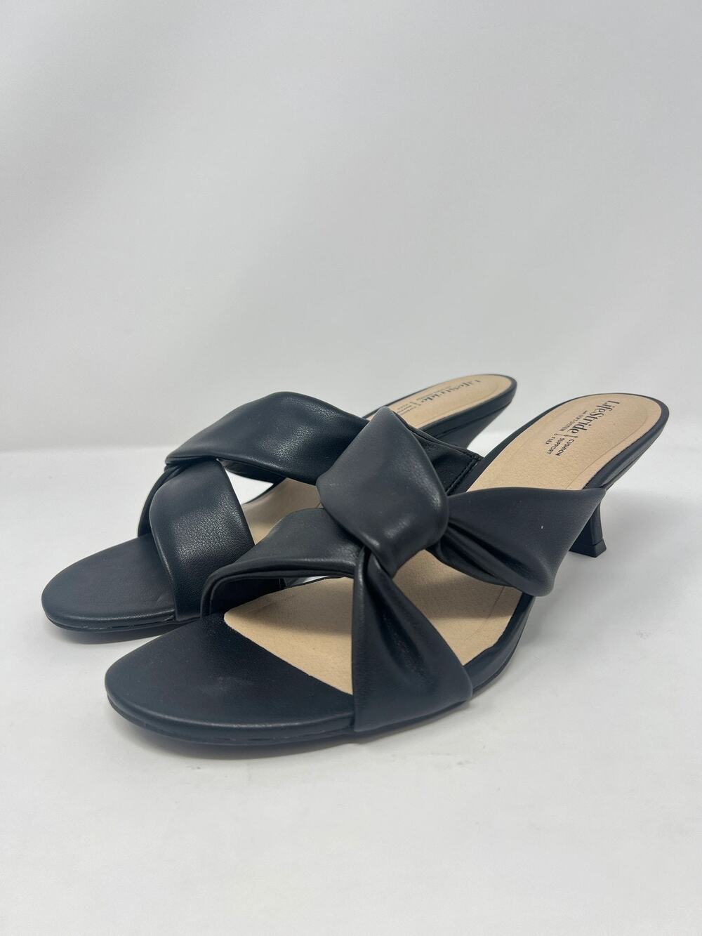 LifeStride Women's 12W Nori Slide Kitten Heel Black Leather Sandals